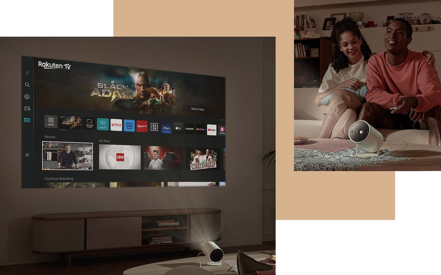 A Samsung Smart TV funkcióit a falra vetíti a The Freestyle. Egy boldog pár ül a kanapén, előttük a The Freestyle.