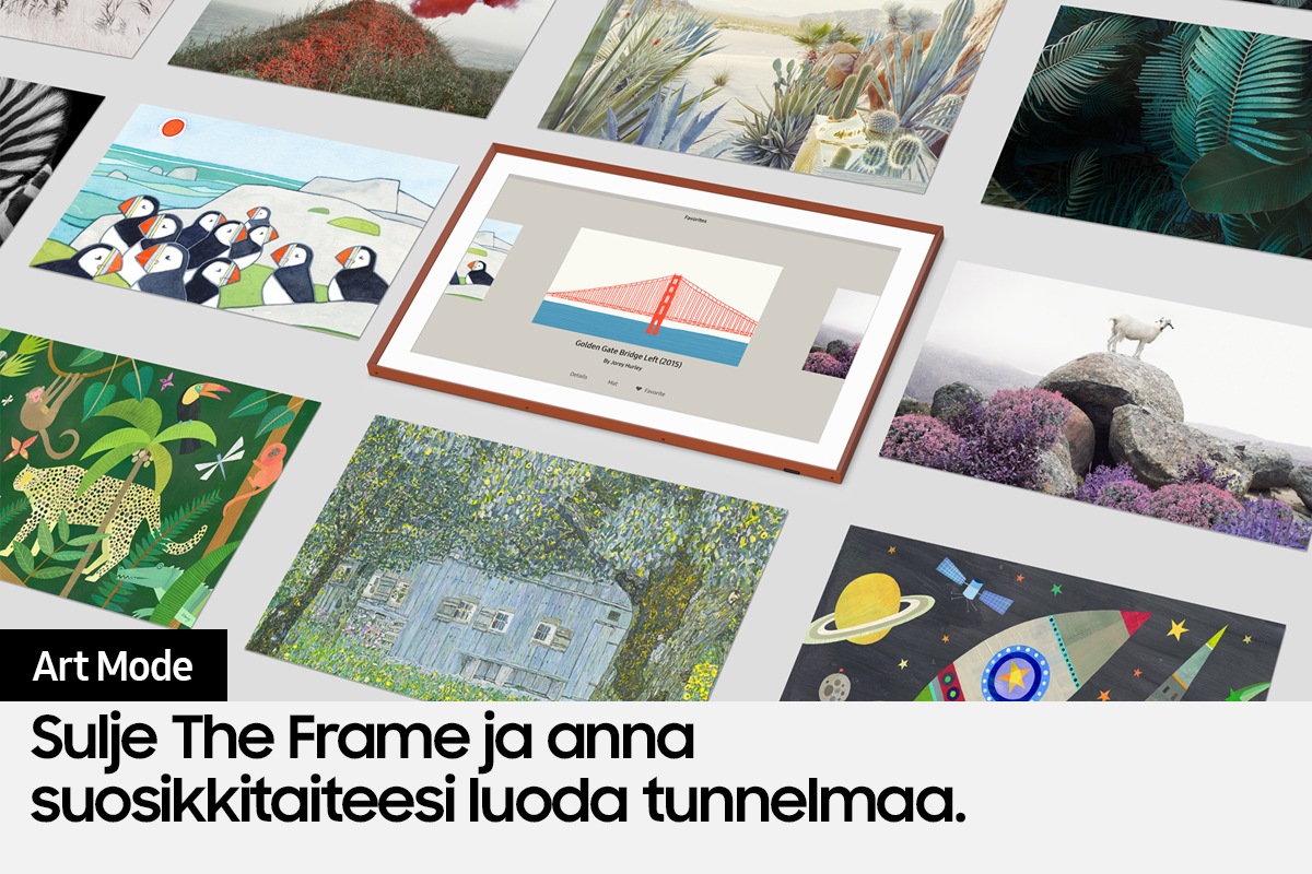 Art Mode -käyttöliittymässä näkyy, miten useiden taideteosten joukosta valitaan kuva sillasta ja vedestä.