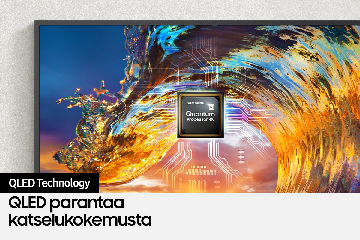 The Framen näytöllä näkyy QLED 4K -tarkkuuksinen kuva meren aalloista auringonlaskun aikaan. Kuvan takana näkyy simuloitu laitteiston muotoilua kuvaava grafiikka, jossa näkyy suoritin, jossa on Samsung-logo ja teksti AI Quantum Processor 4K.