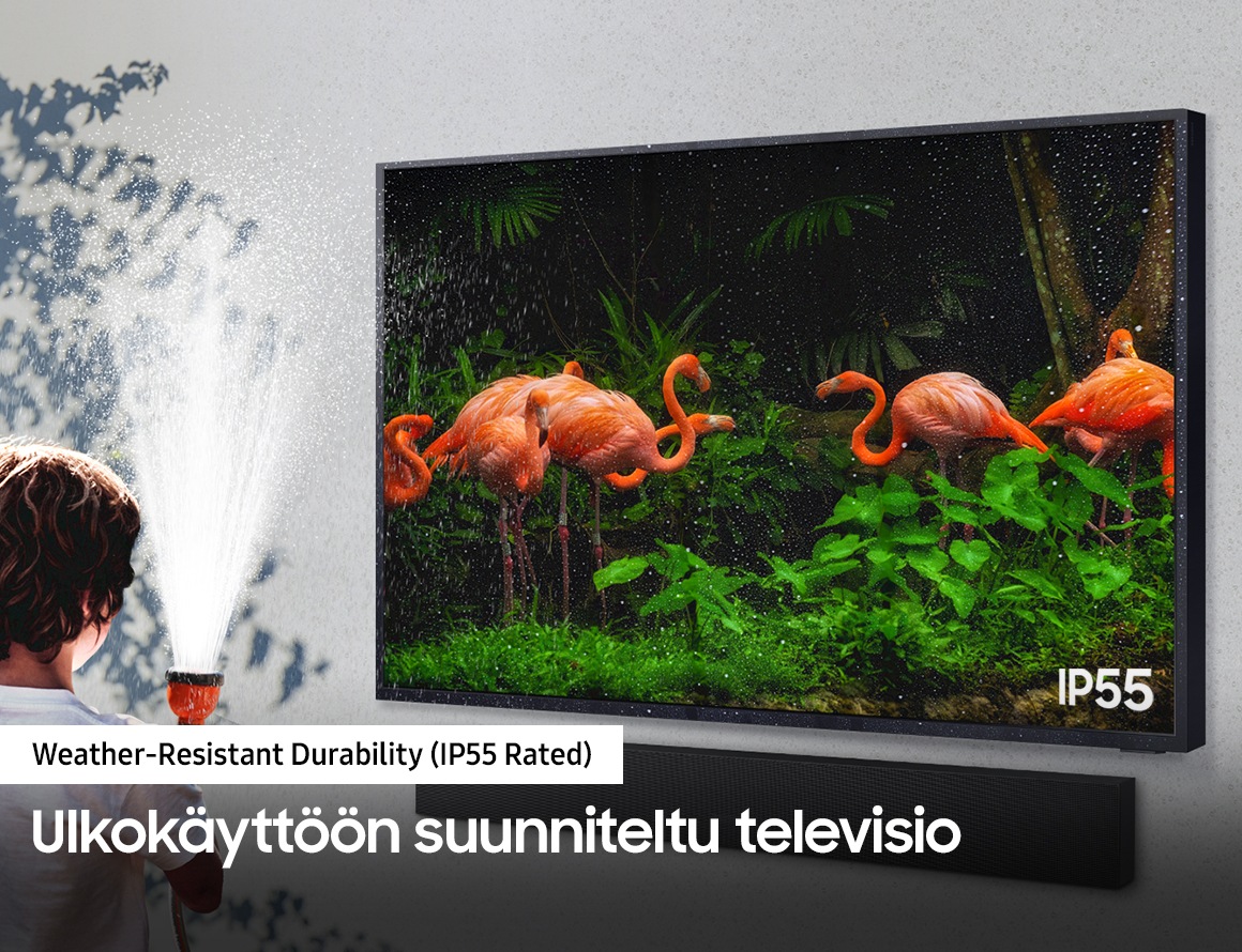Samsung The Terrace -televisiolla on IP55-luokitus, joka tarkoittaa sen olevan suojattu sateelta, kosteudelta ja pölyltä, joten se on sääoloja kestävä televisio.