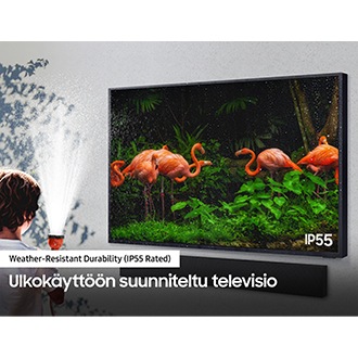 Samsung The Terrace -televisiolla on IP55-luokitus, joka tarkoittaa sen olevan suojattu sateelta, kosteudelta ja pölyltä, joten se on sääoloja kestävä televisio.