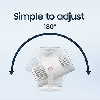 Samsung The Freestyle+ -projektori, jonka monipuolinen muotoilu on suunniteltu kotiviihdettä ja kannettavuutta silmällä pitäen, ja jossa lukee ”Helppo säätää 180°”.