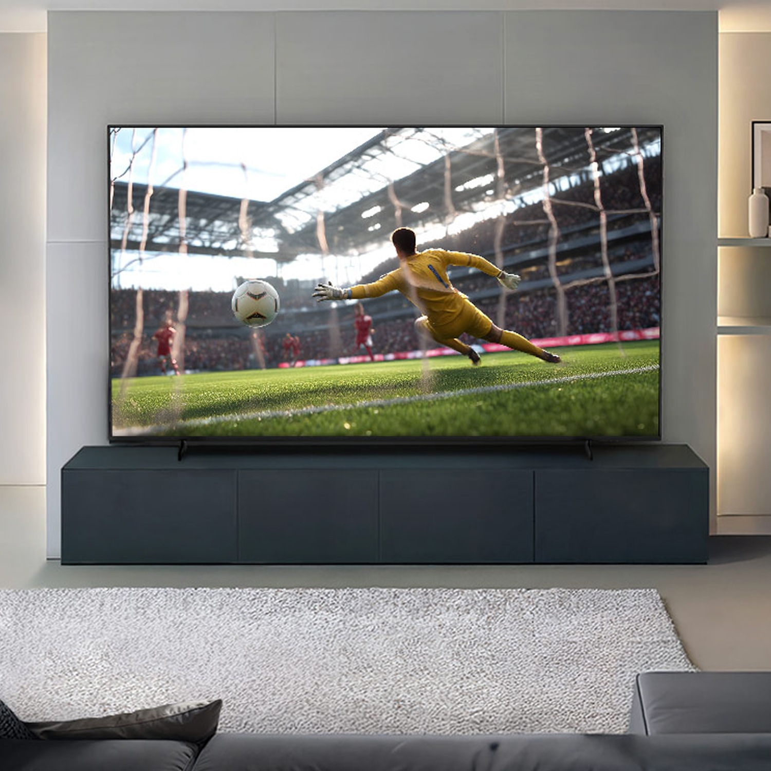A large TV in a modern living room shows a soccer goalie diving to save a goal in a stadium, with a gray sofa and rug visible.