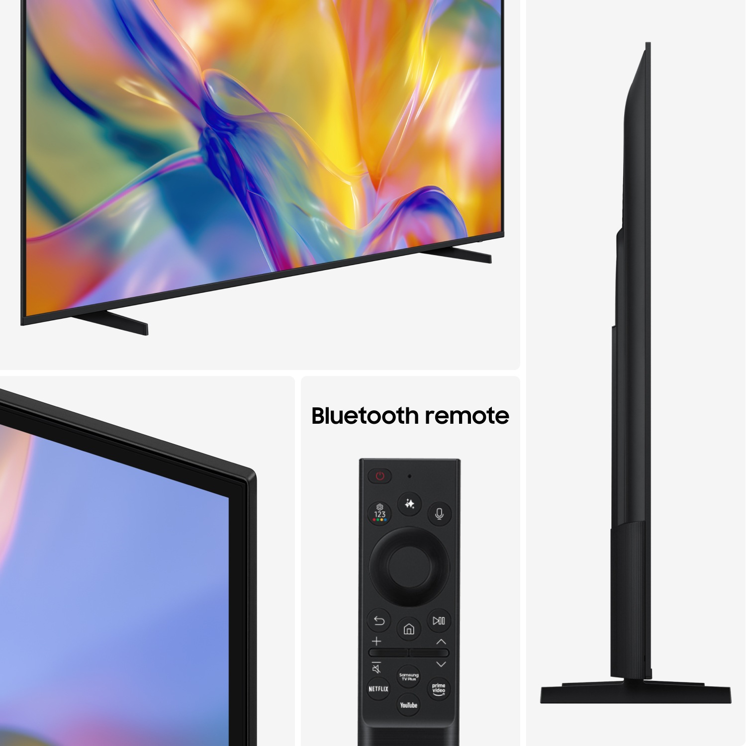 Modern black TV with colorful abstract screen and Bluetooth remote showing app shortcuts.