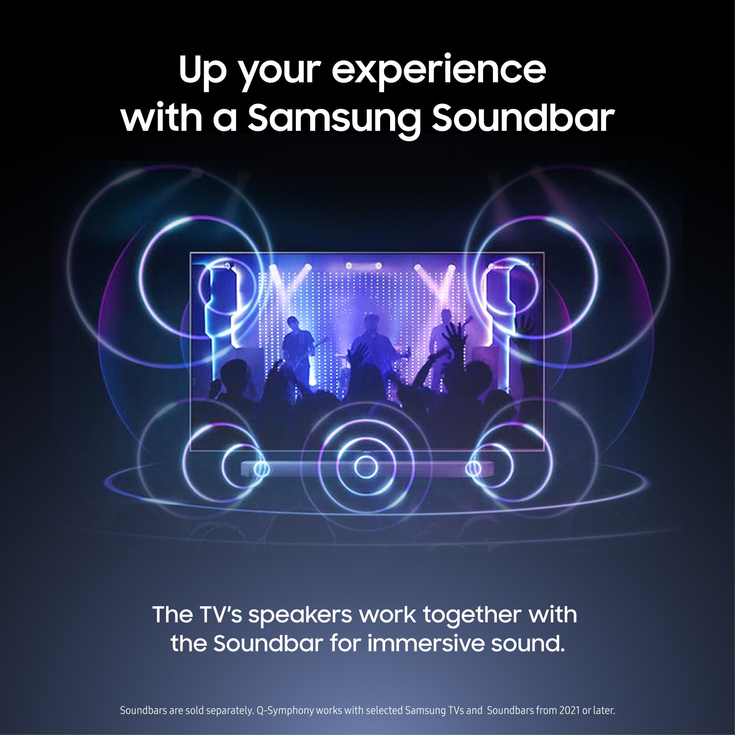 TV with Samsung Soundbar enhancing audio, delivering immersive concert-like sound for dynamic viewing experience.