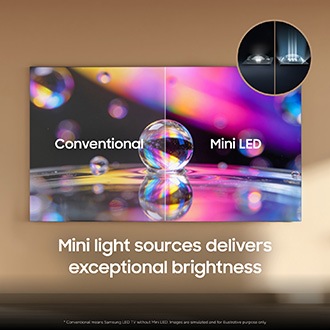 Mini LED vs conventional TV brightness comparison with vibrant bubble visuals.