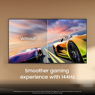 2 race cars are racing on a track. 1 looks clearer than the other and is going faster. 144Hz is on display.