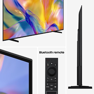 Modern black TV with colorful abstract screen and Bluetooth remote showing app shortcuts.
