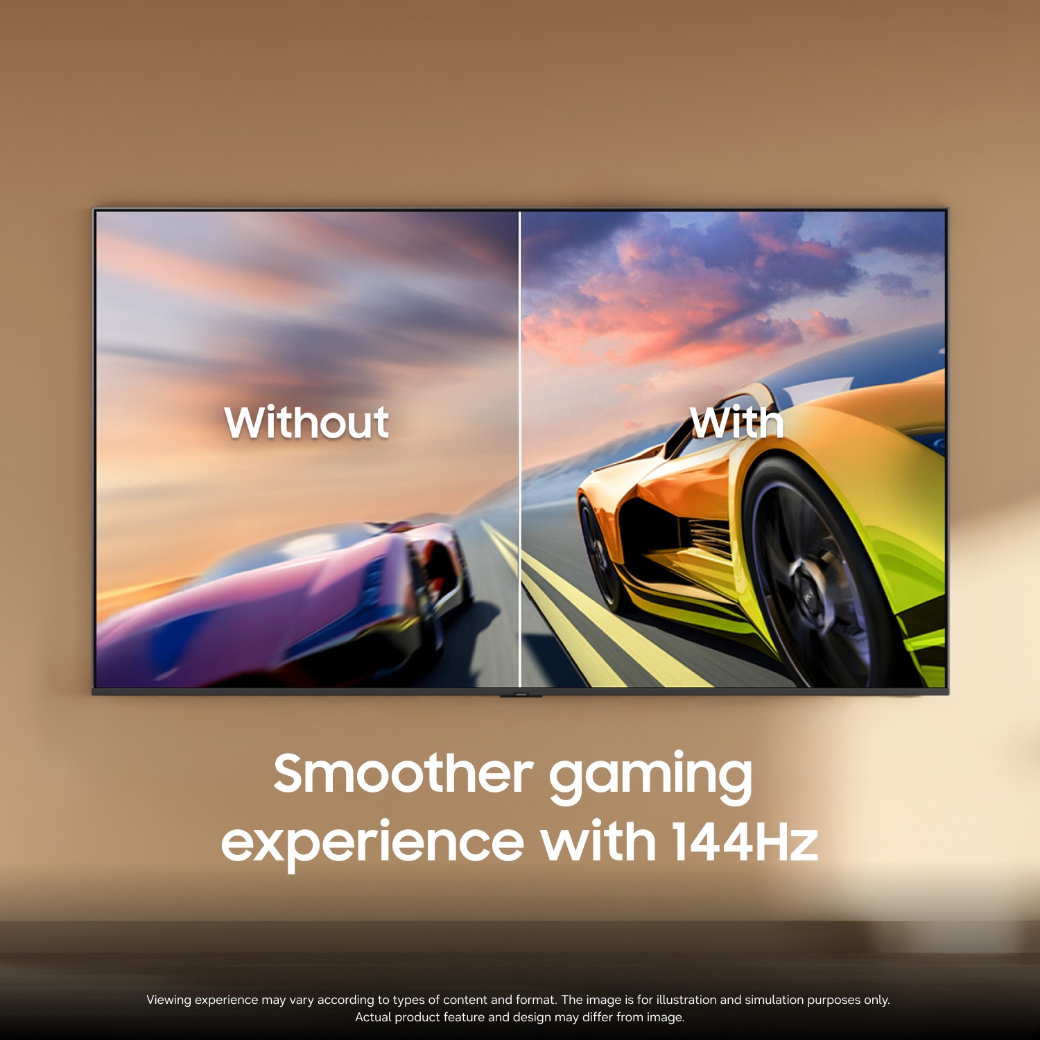2 race cars are racing on a track. 1 looks clearer than the other and is going faster. 144Hz is on display.