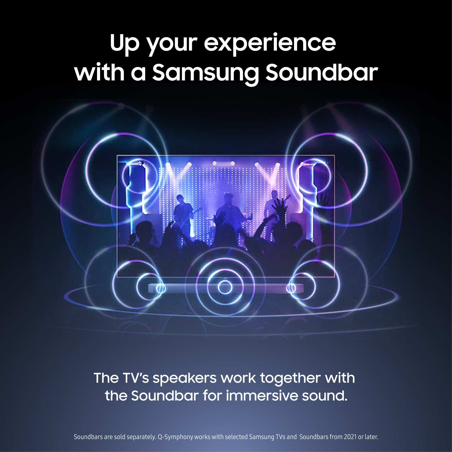 TV with Samsung Soundbar enhancing audio, delivering immersive concert-like sound for dynamic viewing experience.
