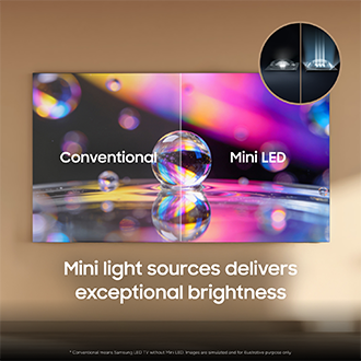 Mini LED vs conventional TV brightness comparison with vibrant bubble visuals.