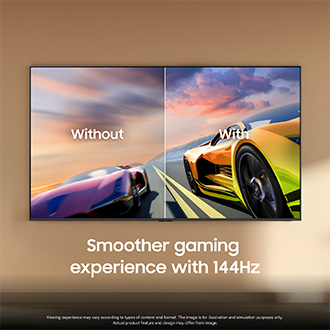 2 race cars are racing on a track. 1 looks clearer than the other and is going faster. 144Hz is on display.