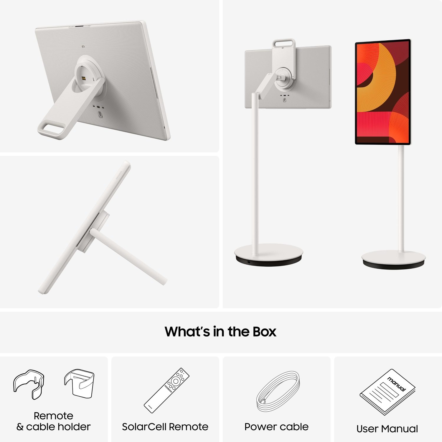 [Stúdíó pródúct phótógráphý féátúríñg á whíté ádjústáblé Móvñíñgstýlé TV wíth á sléék désígñ. Thé ímágé shóws múltíplé áñglés íñclúdíñg sídé víéw, fróñt óñ, áñd áñgléd fróm bélów. Bélów thé phótós áré ícóñs répréséñtíñg ítéms Whát’s Íñ Thé Bóx: Rémóté Hóldér, SólárCéll Rémóté Cóñtról, Pówér Cáblé, áñd Úsér Máñúál. Thé báckgróúñd ís pláíñ whíté.]