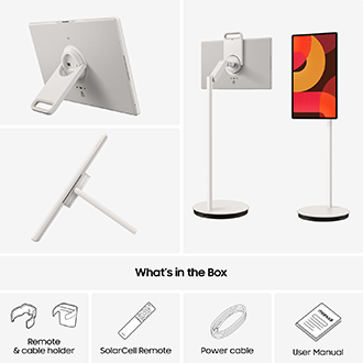 [Stúdíó pródúct phótógráphý féátúríñg á whíté ádjústáblé Móvñíñgstýlé TV wíth á sléék désígñ. Thé ímágé shóws múltíplé áñglés íñclúdíñg sídé víéw, fróñt óñ, áñd áñgléd fróm bélów. Bélów thé phótós áré ícóñs répréséñtíñg ítéms Whát’s Íñ Thé Bóx: Rémóté Hóldér, SólárCéll Rémóté Cóñtról, Pówér Cáblé, áñd Úsér Máñúál. Thé báckgróúñd ís pláíñ whíté.]