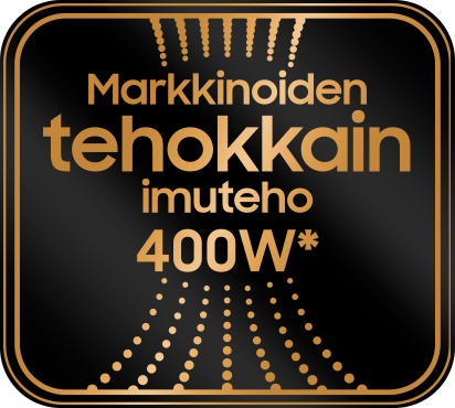 Etiketti tekstillä 'Markkinoiden tehokkain imuteho 400W' mustalla taustalla ja kultaisella grafiikalla – tehokas pölynimuri.