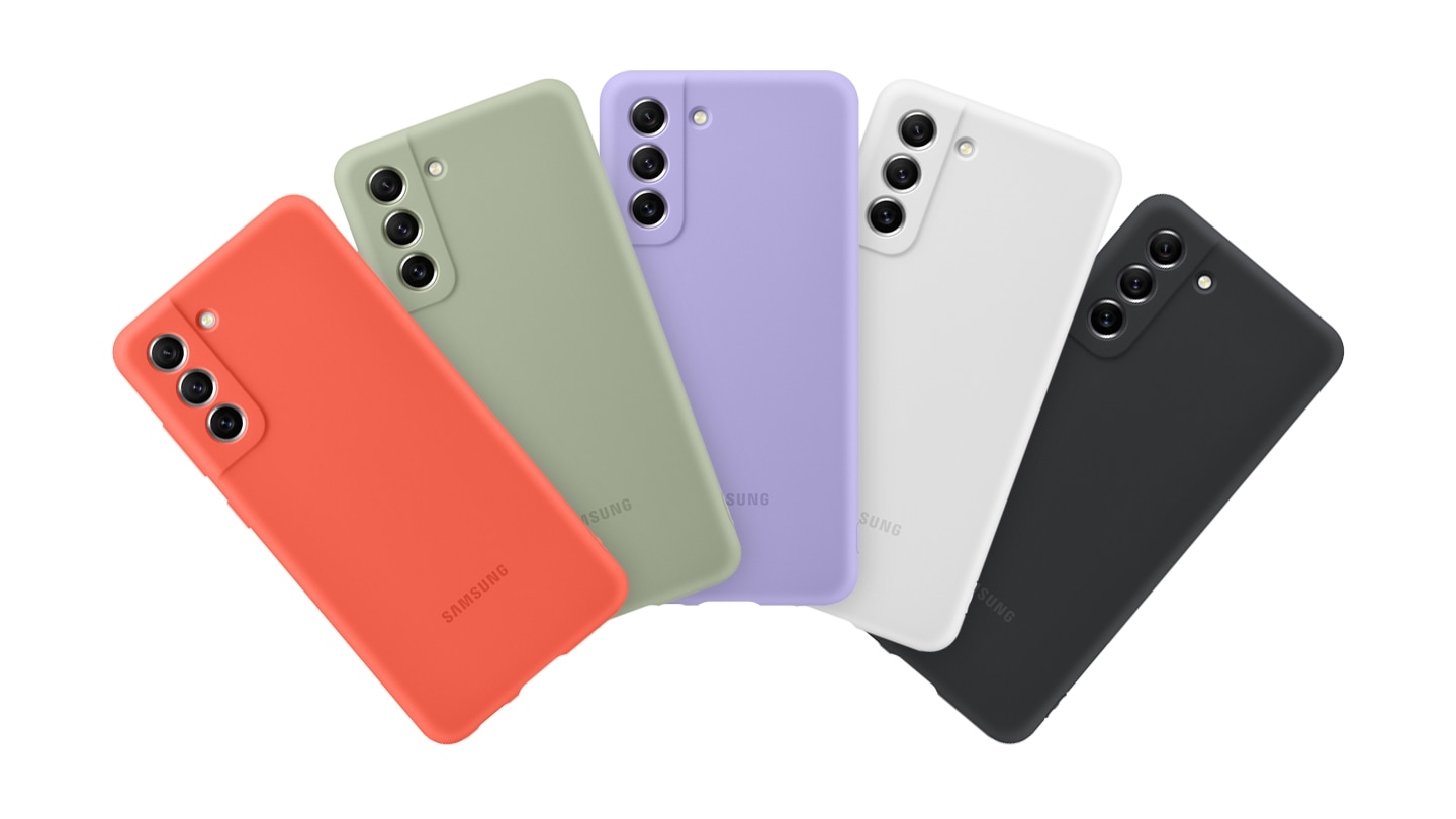 Présentation des différentes coloris disponibles pour la coque en siliconne : Corail, Olive, Lavande, Blanc, Noir