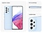 1. Galaxy A53 5G en Awesome Blue, vu sous plusieurs angles pour montrer le design : arrière, avant, côté et gros plan sur la caméra arrière. Le texte dit : Sweetest Color, Slim & Symmetric, Ambient EDGE.