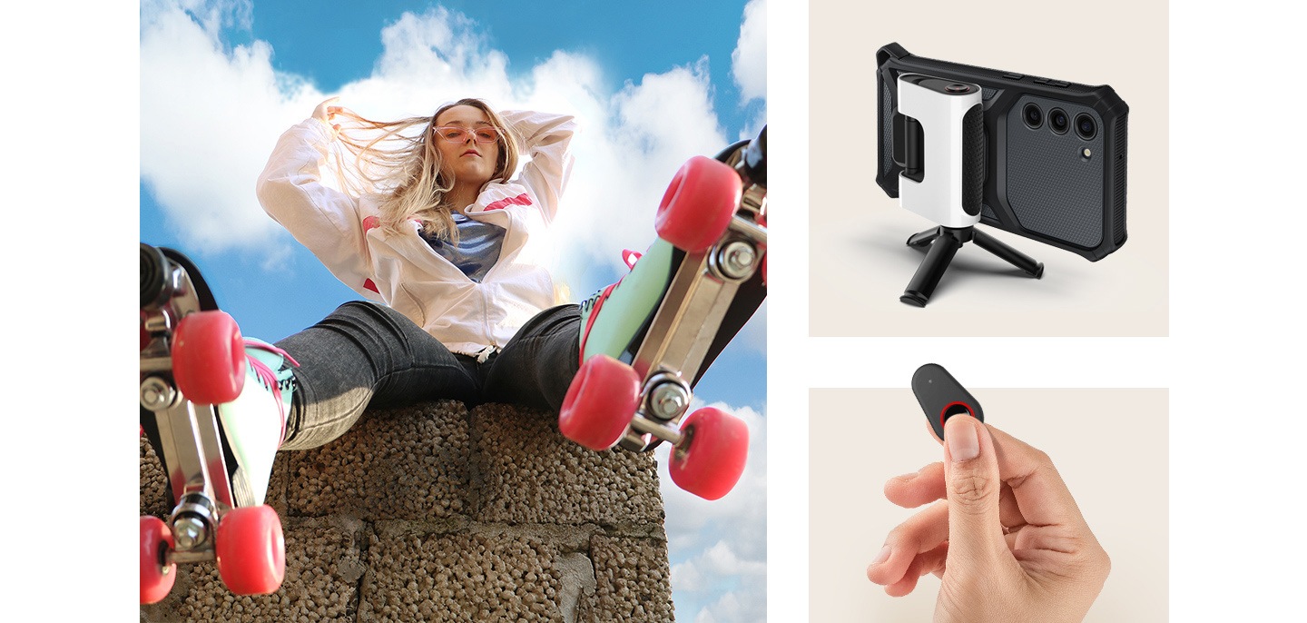 Une femme est assise au sommet d'un mur de briques, portant des patins à roulettes, les deux mains touchant l'arrière de sa tête. A droite, un support de poignée de caméra avec une main utilisant la télécommande.