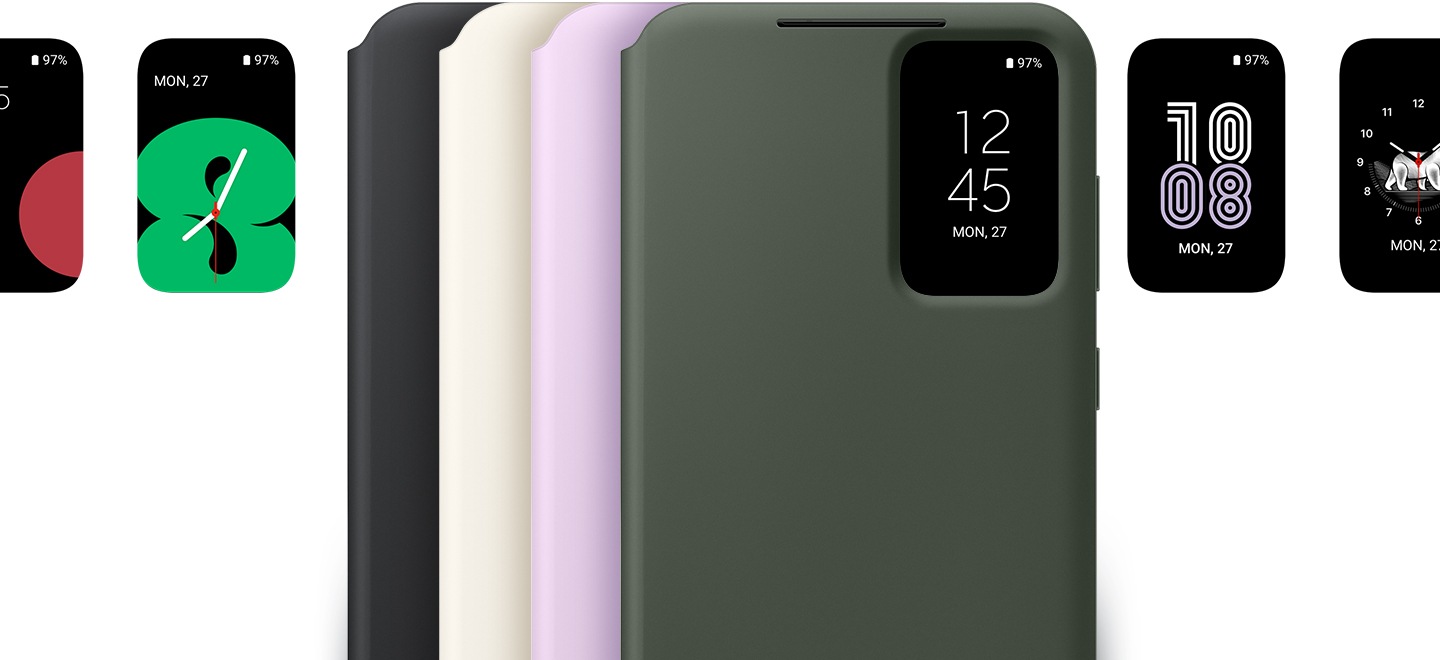 Vue de face des différents coloris de l'étui Smart View avec porte-carte alignés et se chevauchant les uns les autres. L'étui de devant a une petite fenêtre de visualisation ouverte dans son coin supérieur droit, qui affiche différents écrans en se déplaçant sur le côté dans l'ordre, comme un diaporama.