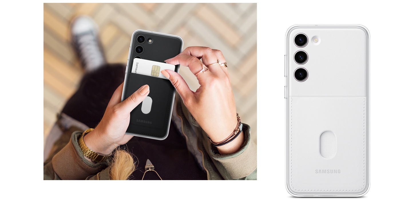 A gauche, une main retire une carte du porte-carte au dos du smartphone. A droite, une vue de dos du smartphone équipé de la coque avec cadran renforcé. 