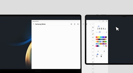 Een Galaxy Book3 Pro 360 en een Ultra Galaxy Tab S8 worden naast elkaar geplaatst met een Samsung -venster Opennotities op het scherm geopend en uitgebreid van de pc naar het tabletscherm