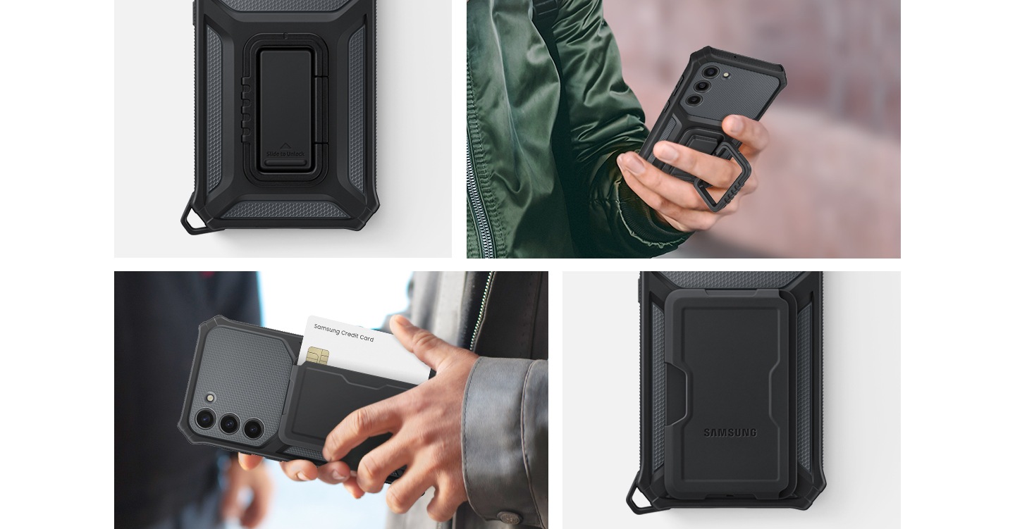 Sélection d'accessoires détachables pouvant être utilisés avec la coque, notamment un support pour poignée d'appareil photo, un support mince et un porte-carte.