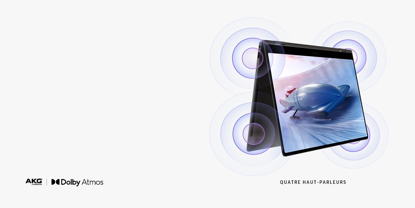 Um antracite Galaxy Book3 Pro 360 é dobrado como uma barraca, virado um pouco à direita, com um bobsleigh representado na tela e ondas sonoras vindas dos quatro alto -falantes