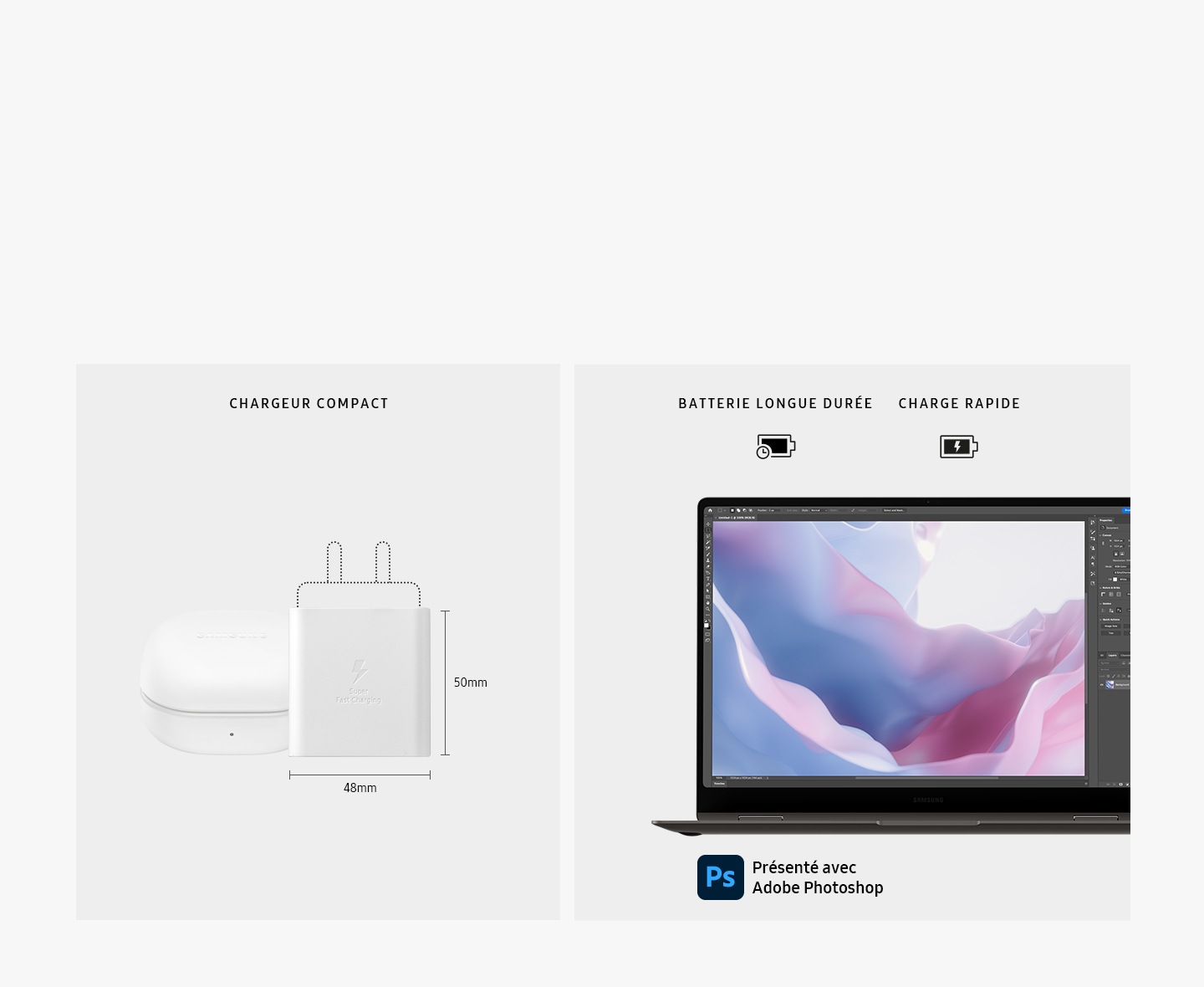 Um carregador Galaxy Book3 Pro 360 é colocado ao lado de um caso Galaxy Buds2 Pro. As dimensões do corpo principal do carregador são 48 mm horizontalmente e 50 mm verticalmente