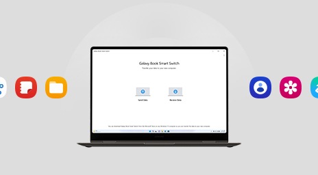 Um Galaxy Book3 Pro 360 está aberto, atingido com o aplicativo Smart Switch aberto à tela. Ao redor do dispositivo, são exibidos os ícones dos SmartThings, Notas Samsung, meus arquivos, contatos, galeria e Samsung Health