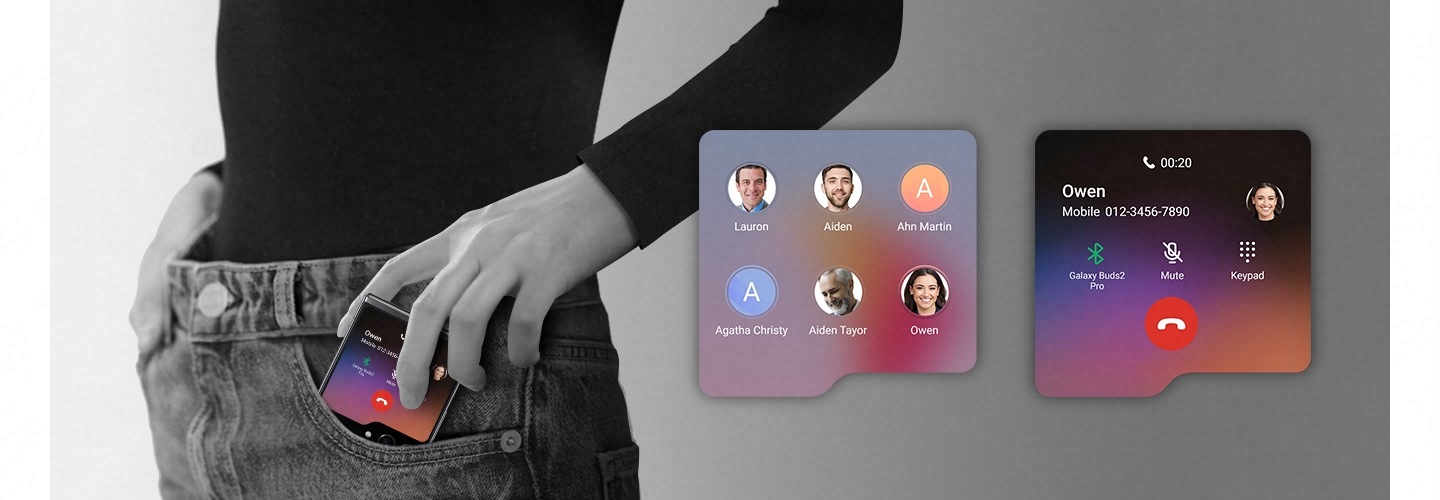 Deux interfaces Galaxy Z Flip5 Flex Window. Le widget Contacts affiche six contacts sur un seul écran. L'écran d'appel affiche les informations sur le contact ainsi que la sortie audio, le micro, le clavier et les commandes de fin d'appel. Ensuite, le Galaxy Z Flip5 avec un appel en cours affiché sur la Flex Window est extrait d'une poche.