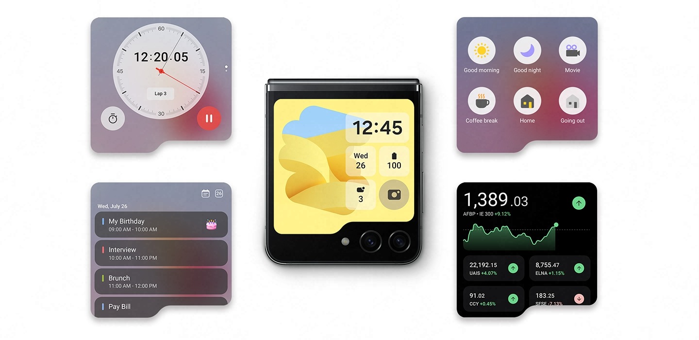 Un Galaxy Z Flip5 plié, vu depuis la Flex Window, est centré dans une disposition en mosaïque de diverses interfaces d'applications pour la Flex Window, y compris un chronomètre, des scènes SmartThings, un calendrier et le suivi des pas de Samsung Health.