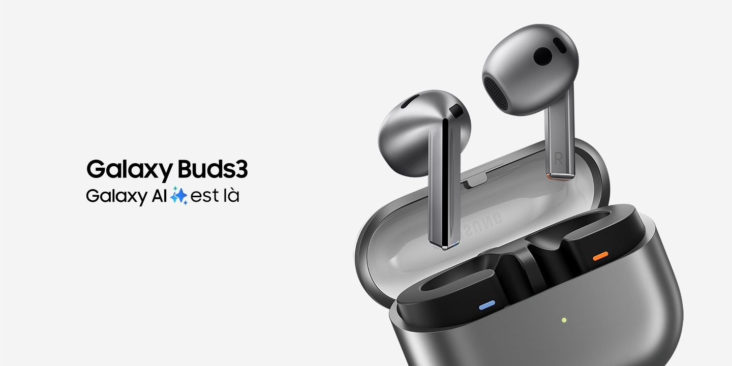 A pair of silver Galaxy Buds3 earbuds hovering above the open case that is tilted toward the left. Galaxy Buds3 in text. Galaxy AI is here in text with the Galaxy AI icon in between 