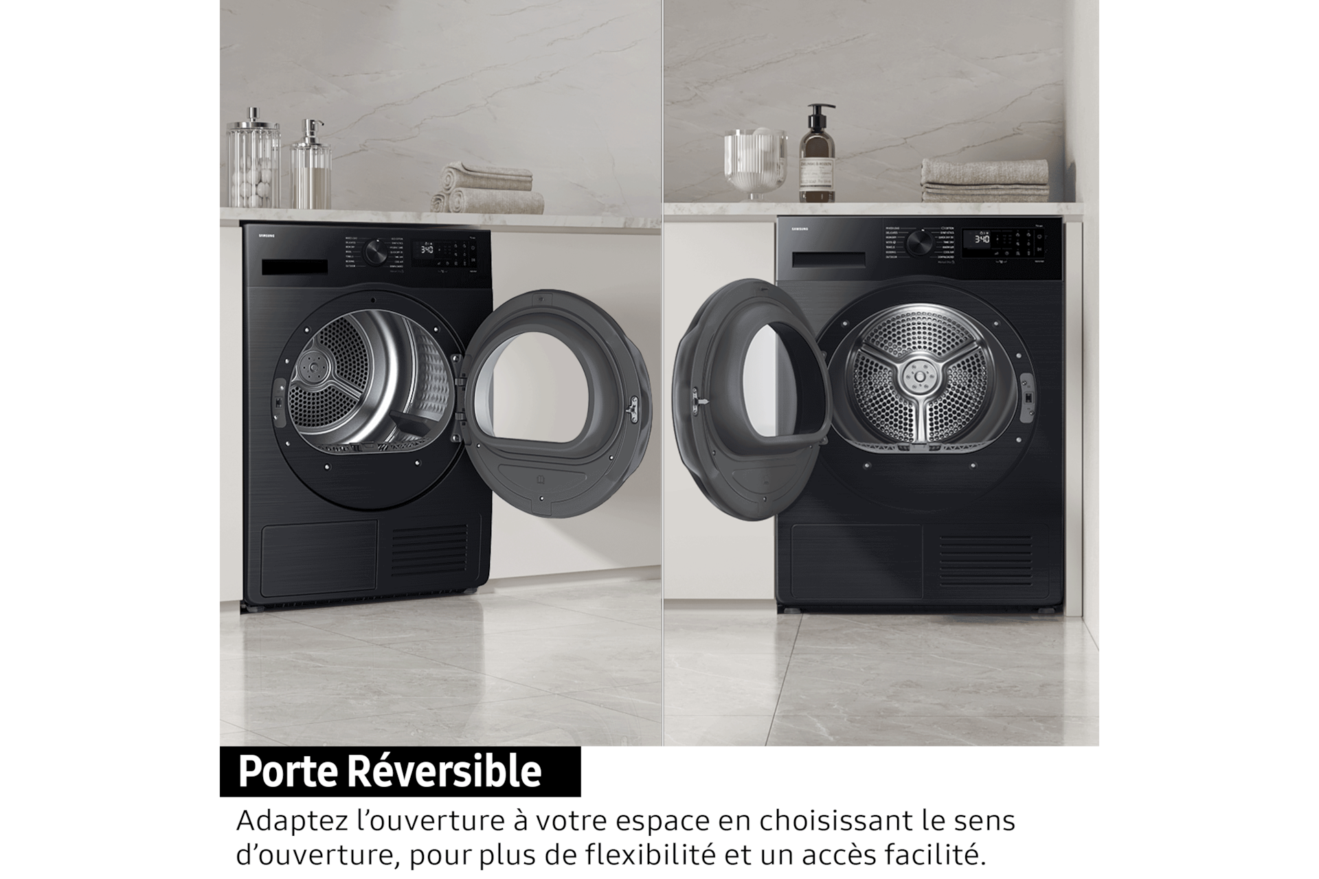 Le Sèche-linge Pompe à chaleur DV5000D SpaceMax™ & Hygiene Care Blanc 8 kg DV80DG52B0AHEF a des portes réversibles pour s’adapter à chaque domicile.