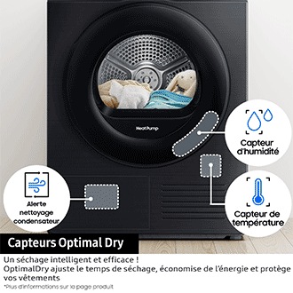 DV5000D Dryer SpaceMax™ and Hygiene Care 8kg vue de face avec les textes capture de température et dhumidité