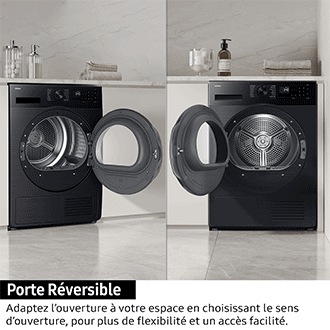 Le Sèche-linge Pompe à chaleur DV5000D SpaceMax™ & Hygiene Care Blanc 8 kg DV80DG52B0AHEF a des portes réversibles pour s’adapter à chaque domicile.