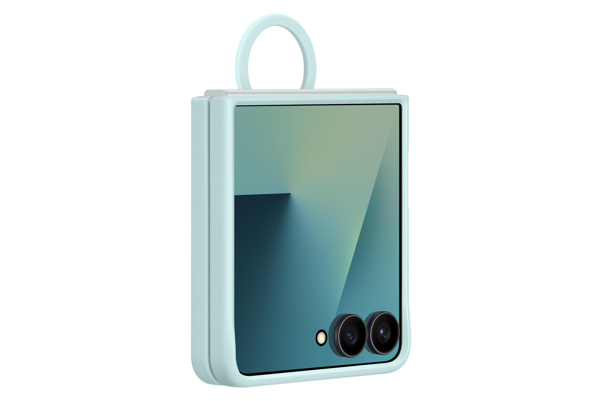 Face pliée vue de droite de la coque silicone avec anneau pour Galaxy Z Flip7 Vert deau