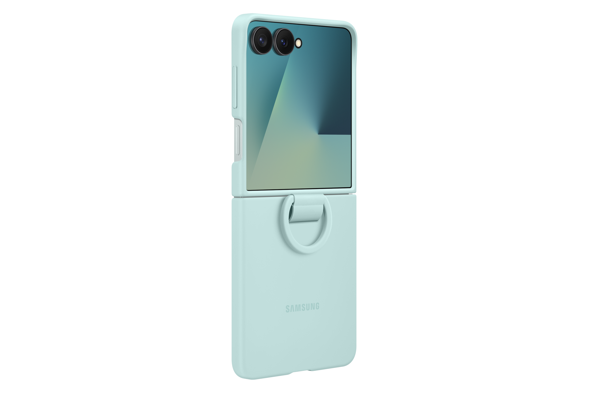 Dos vue de droite de la coque silicone avec anneau pour Galaxy Z Flip7 Vert deau