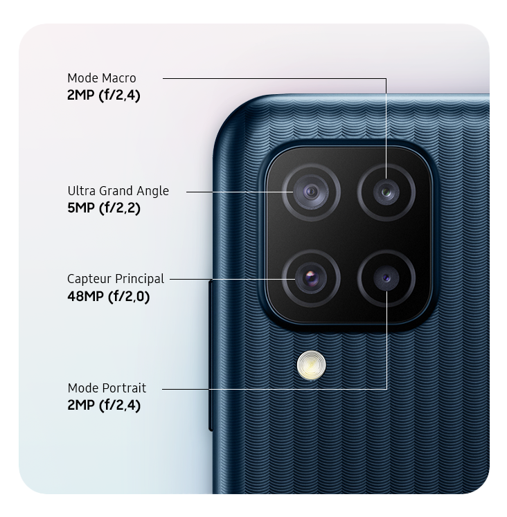 Un gros plan de la caméra quadruple avec caméra principale 48MP, caméra macro 2MP, caméra ultra large 5MP et caméra de profondeur 2MP.