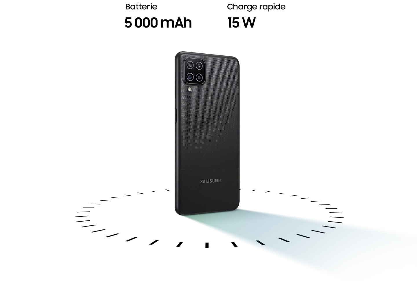 Galaxy A12 stands up, surrounded by circular dots, with the text of 5,000mAh Battery and 15W Adaptive Fast charging.