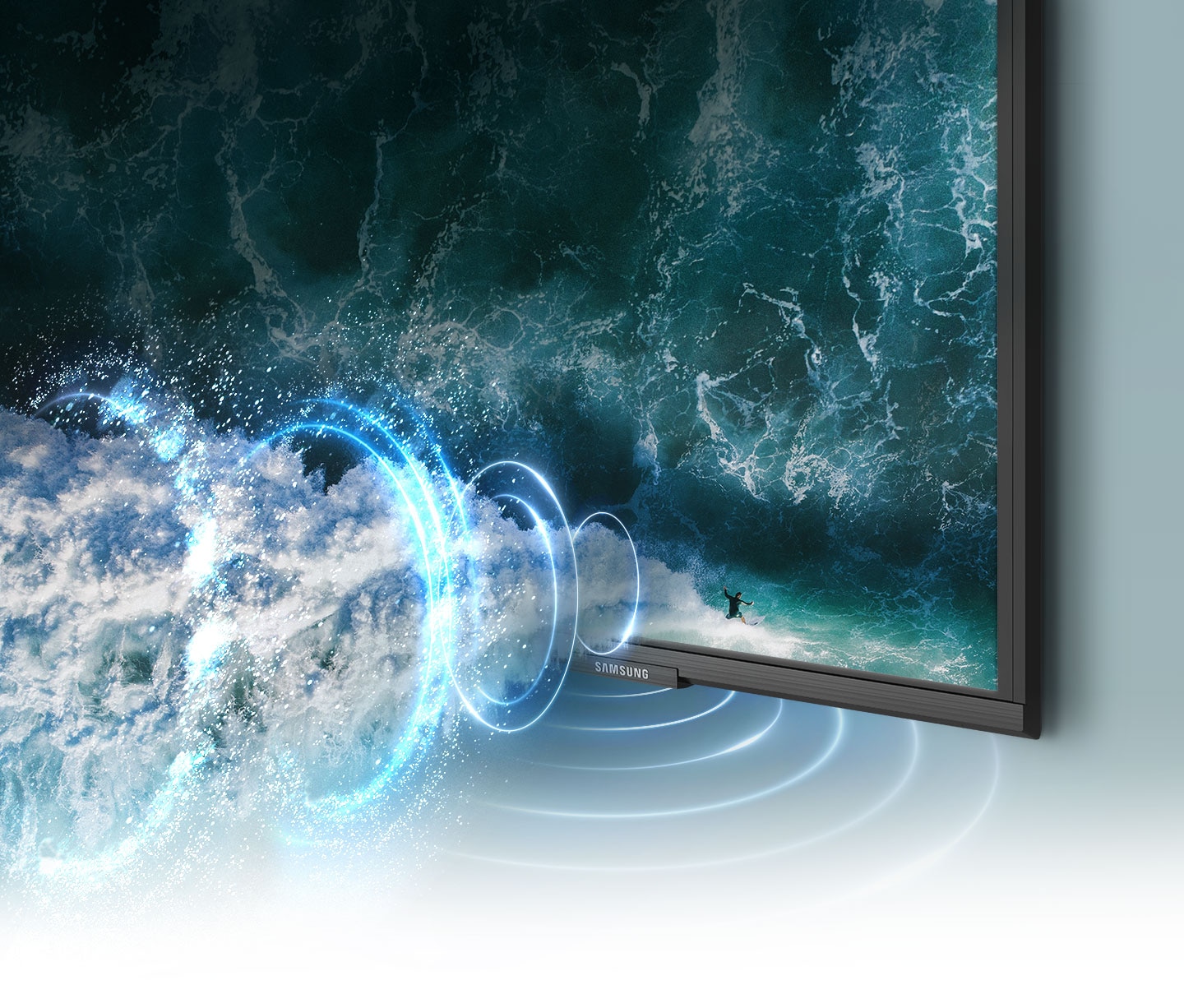 Simulated sound wave graphics demonstrate sound object tracking technology as it follows a surfer on the TV screen.