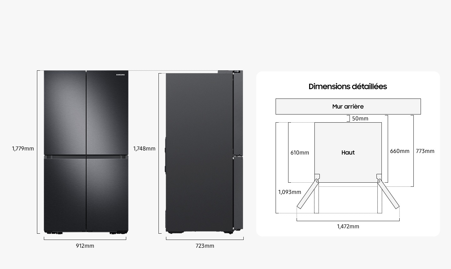 Size measurements: Height 1,779mm, width 912mm, height without hinge 1,748mm, depth 723mm, depth with doors open at a right angle 1,093mm, depth without doors 610mm, install depth 773mm, install depth without doors 660mm, width with doors open 1,472mm, distance from the rear wall 50mm.