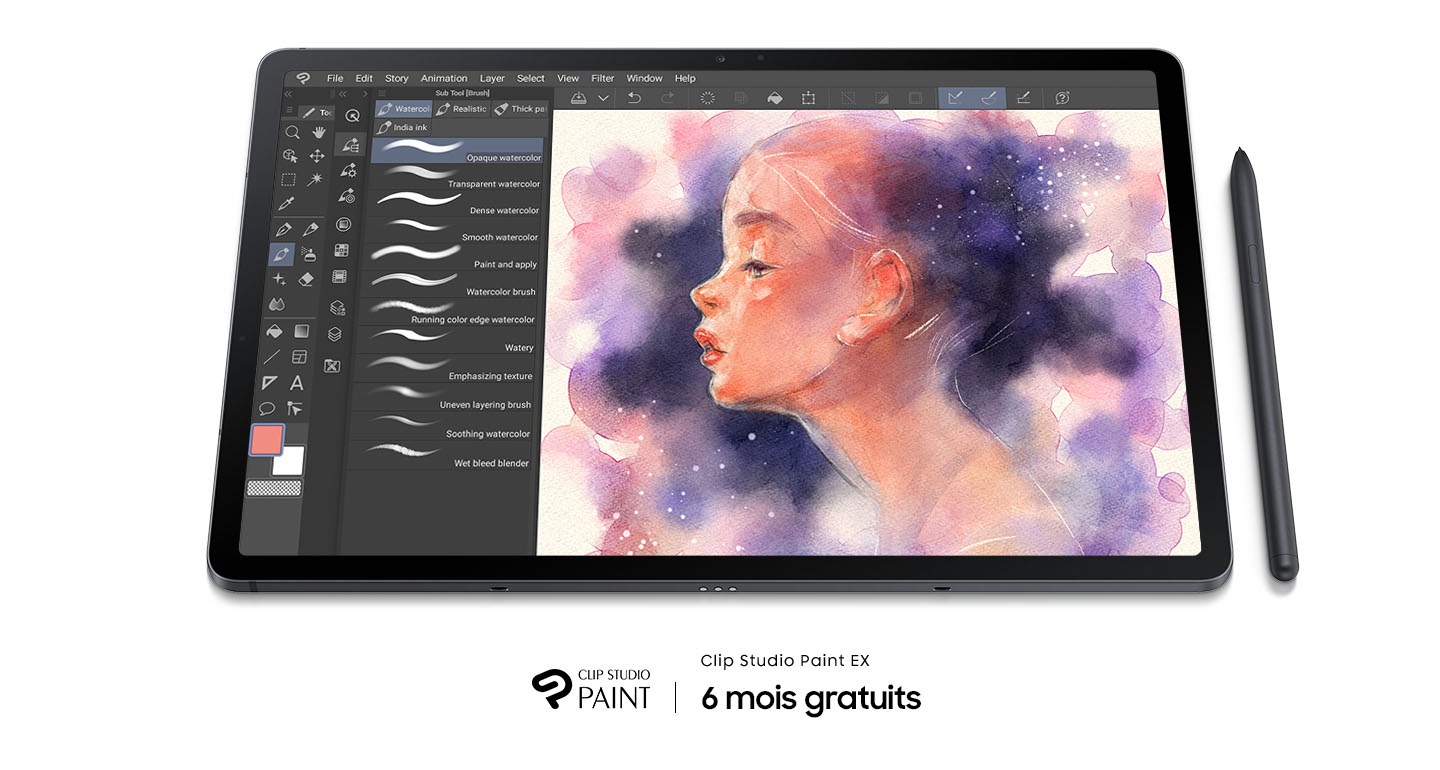 Galaxy Tab S7 FE with Clip Studio Paint onscreen showing a drawing of a woman surrounded by purple clouds. S Pen is laying next to the tablet. Clip Studio Paint logo. Text says Clip Studio Paint Ex 6 months free.