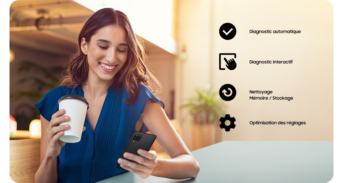A woman holding a coffee cup and using her Galaxy A22. A checkmark icon for Automatic Checks, an icon of a hand tapping a screen for Interactive checks, an icon of arrow going in a circle for Clean memory and a cog icon for Optimize settings.