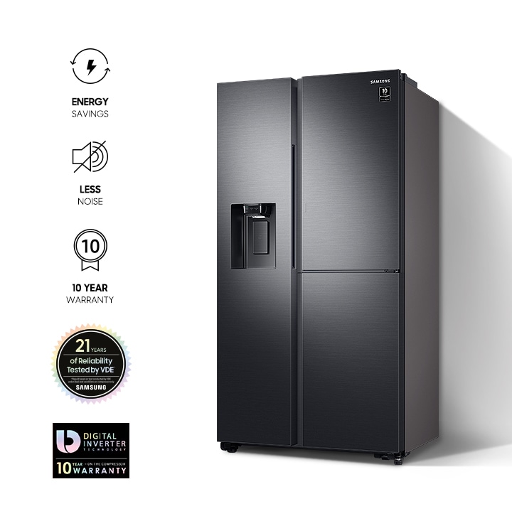 There is a 2-door fridge and logos representing different features. They illustrate energy-saving, noise reduction, 10-year warranty, Samsung's 21-year of reliability mark approved by the VDE, and Digital Inverter Technology mark.