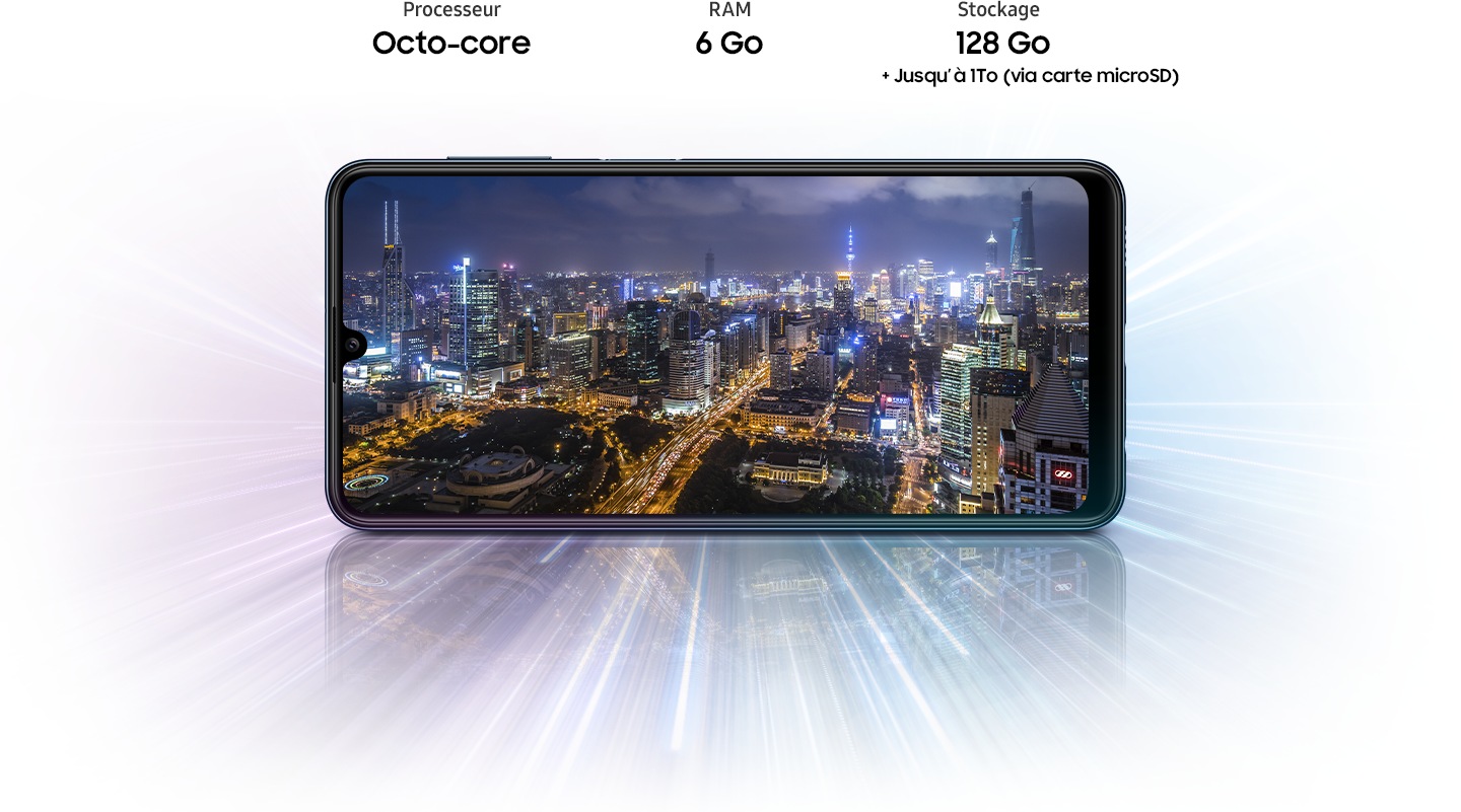 Galaxy M32 shows night city view, indicating device offers Octa-core processor, 6GB/8GB RAM, 128GB with up to 1TB-storage.