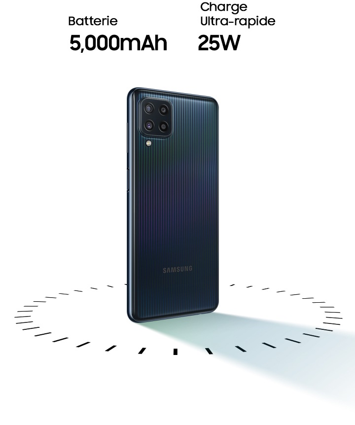 Galaxy M32 standing up, surrounded by circular dots on the bottom, with the text of 5,000mAh battery and 25W-Super Fast Charging on top.