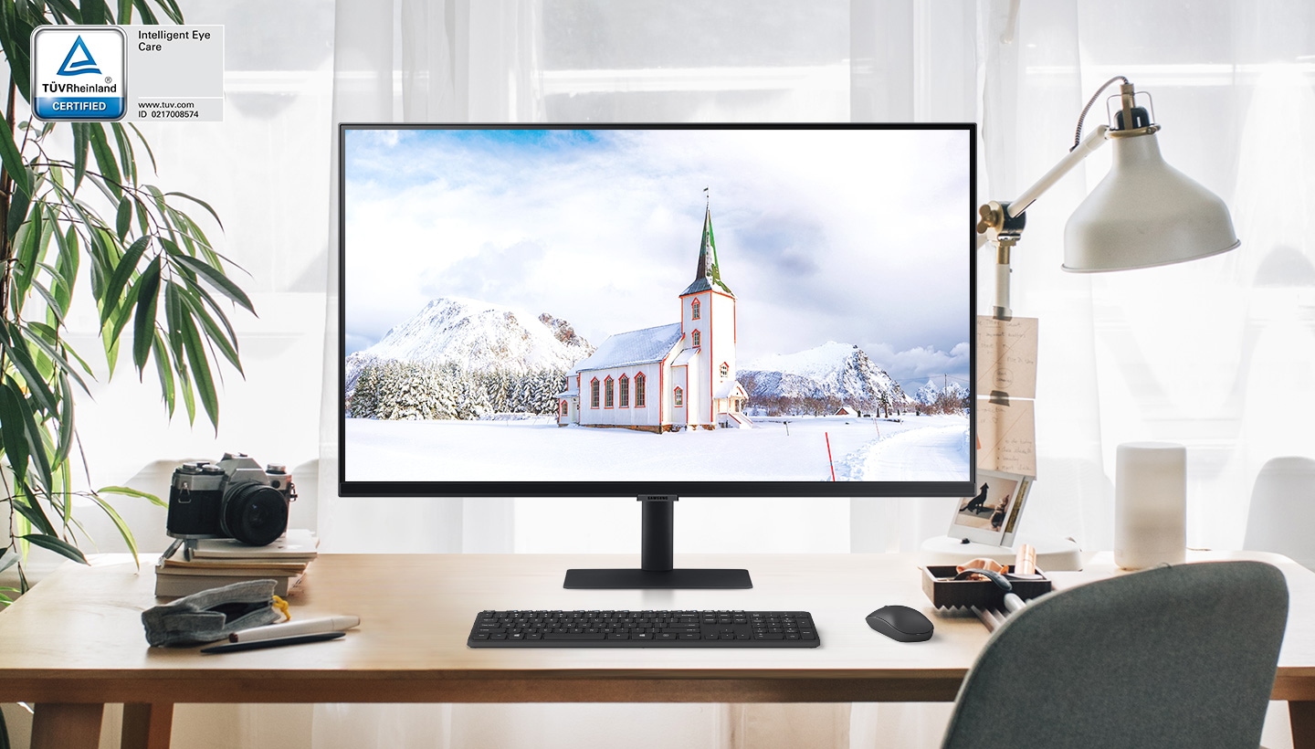 L’écran du moniteur S70A sur le bureau est automatiquement réglé en luminosité lorsque la pièce s’assombrit.