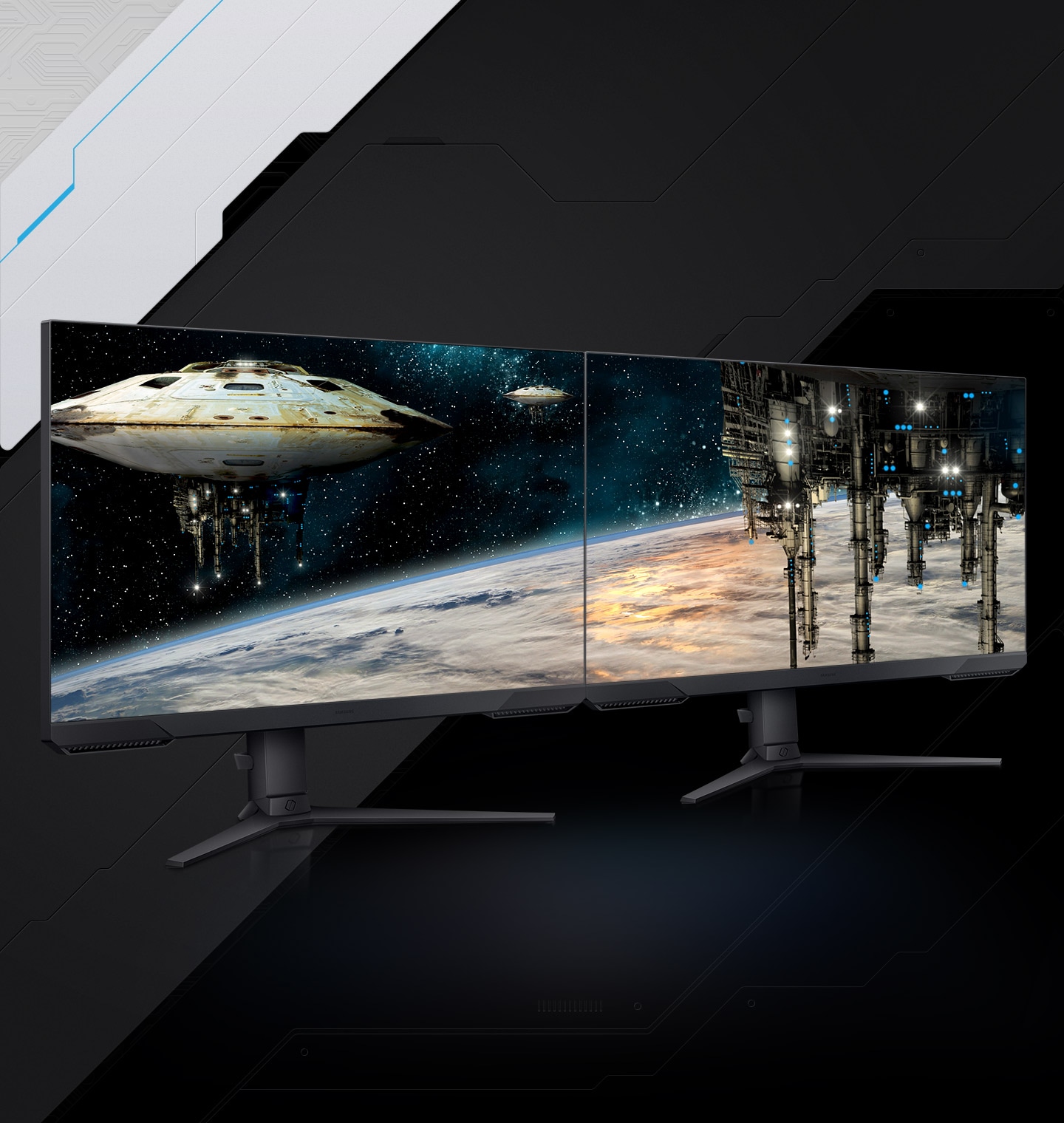 Two monitors are shown side-by-side projecting a cohesive scene of spaceships floating above a shining planet. The bezels between the left and right monitors are very thin compared to the overall picture, providing the same impression as a single ultra-wide monitor.