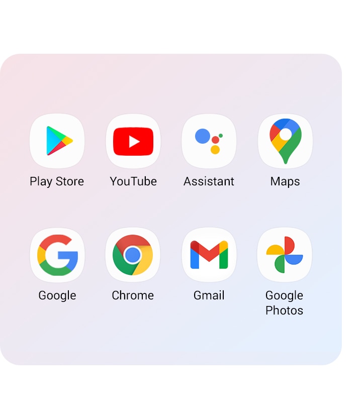 Google apps supported on Galaxy A12 are aligned (Play Store, YouTube, Assistant, Maps, Google, Chrome, Gmail, Google Photos)