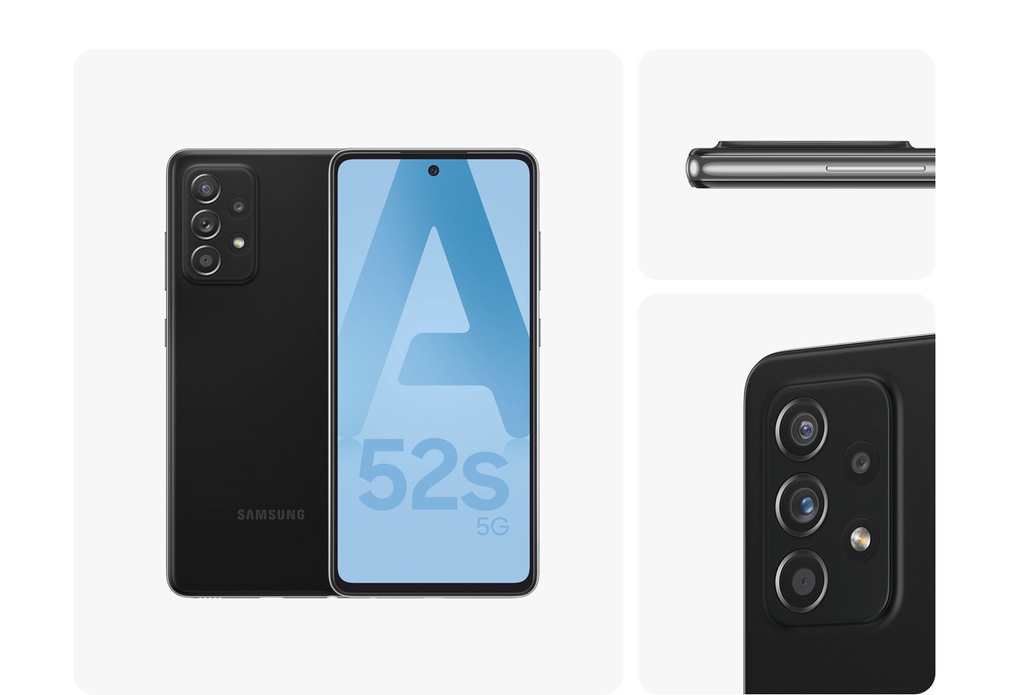 2. NoirGalaxy A52s 5G en noir éclatant, vu sous plusieurs angles pour montrer le design : arrière, avant, côté et gros plan sur la caméra arrière.